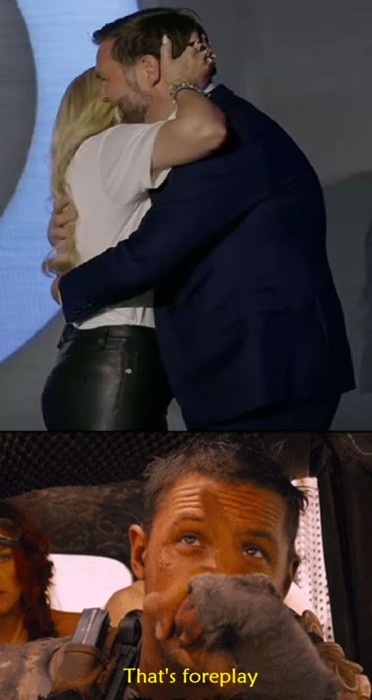 JD Vance and Erica Kirk embracing above the Tom Hardy "That's bait" meme
The Hardy caption has been changed to "That's foreplay"