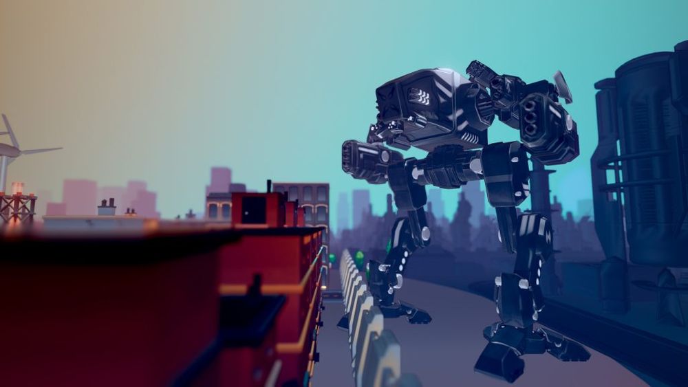 picture of a tall black and white striped mech the size of a 3 story building in a city scape.