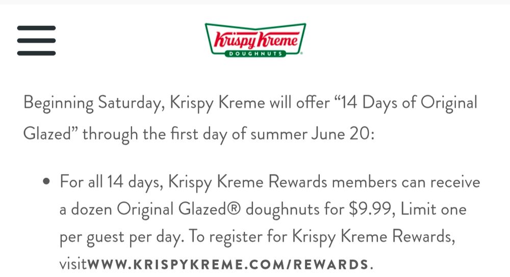 Krispy Kreme text taken from its investors website advertising a 14 day long special, "14 Days of Original Glazed," another white supremacist dogwhistle number.