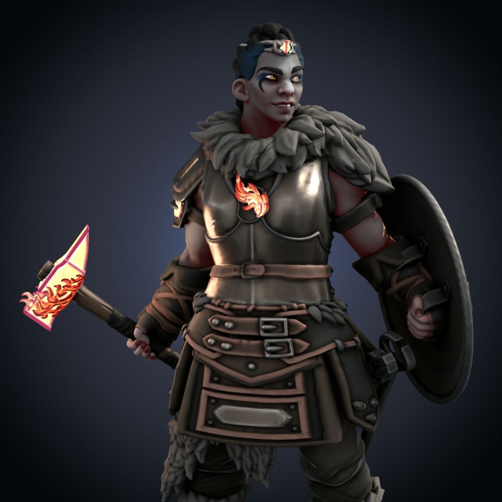 A HeroForge of a Goliath forge cleric in dark armor, furs, and leather holding a red hot Warhammer and a round shield.