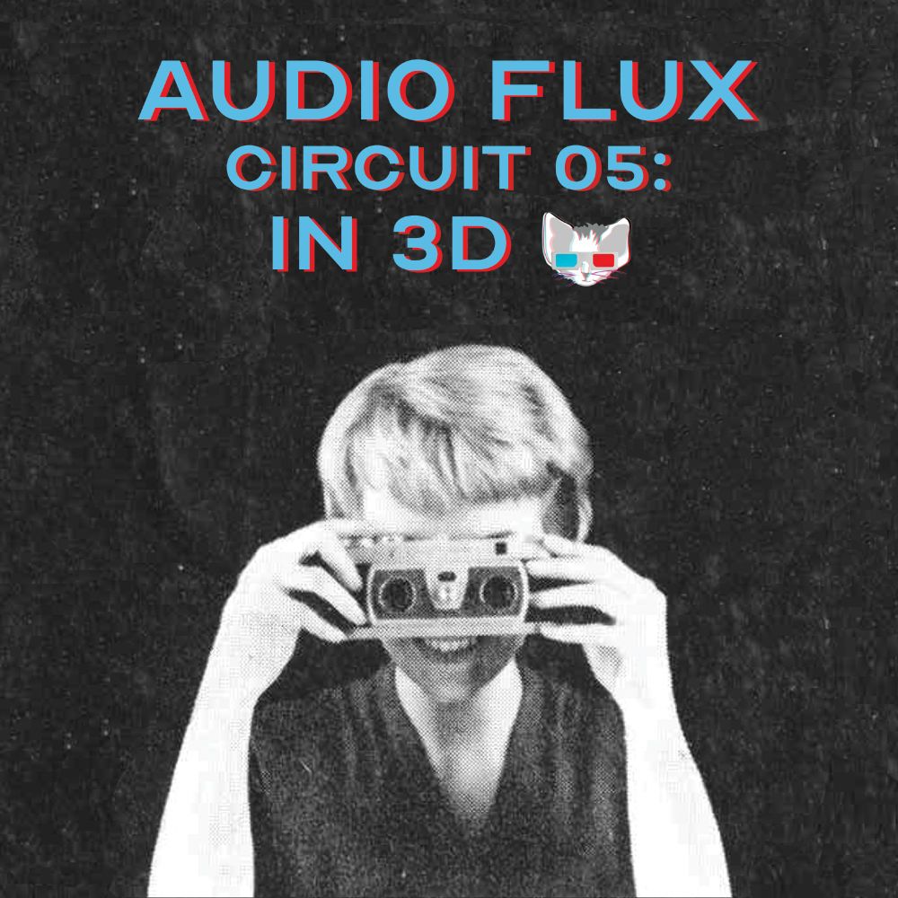 Black and white image of a woman, seemingly from the 1950's, holding up a 3D camera (facing the viewer head on) with blue and red anaglyphic  text above that reads: AUDIO FLUX CIRCUIT 05: IN 3D
