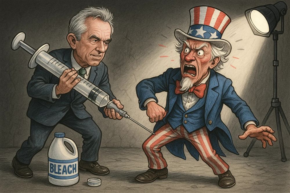 RFK Jr. holding an oversized syringe. He injects an enraged Uncle Sam with that syringe. On the floor, there is a bottle of bleach with the lid off, the lid lying besides the bottle.  On the side of the picture, there is a flood light shining a harsh beam of light on Uncle Sam.