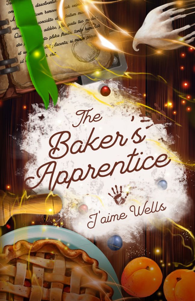 Book cover for The Baker's Apprentice showing a book, fruit, a pie, and baking tools