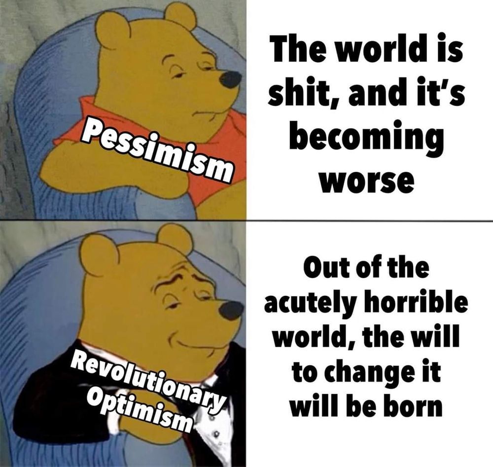 A meme using Winnie the Pooh comparing pessimism to revolutionary optimism 