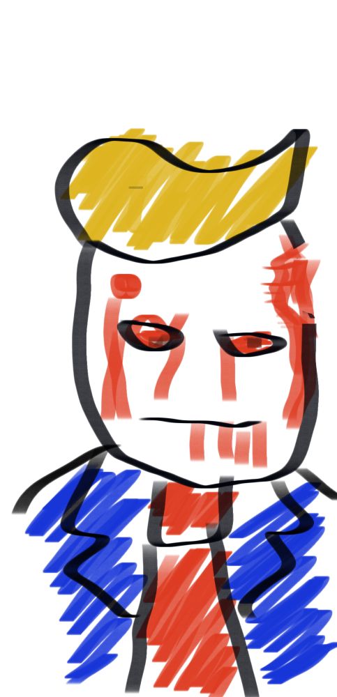 A sketch using black red blue and yellow on a white background 