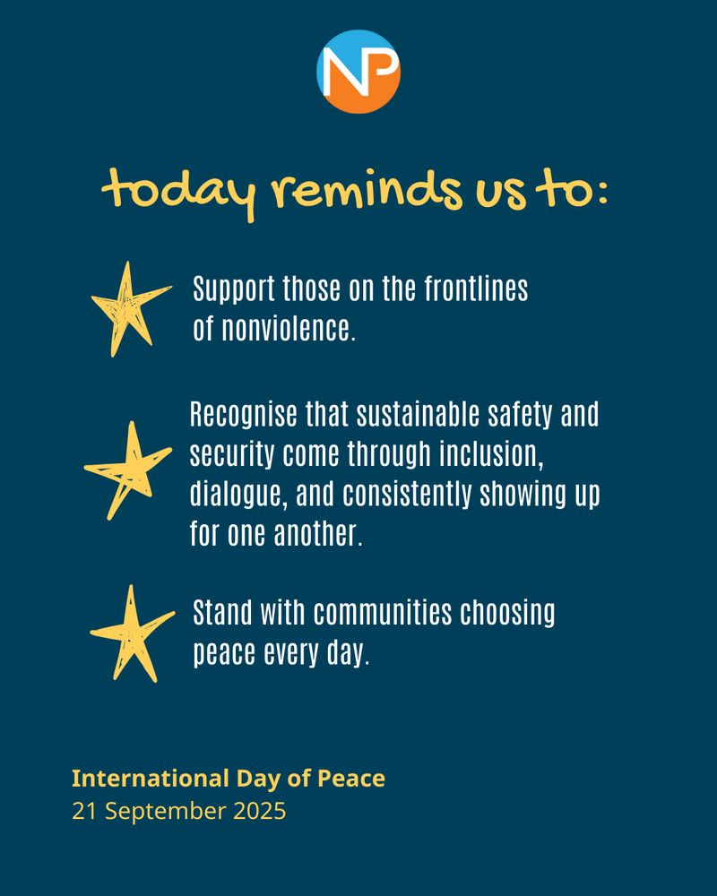 International Day of Peace graphic with three yellow stars and reminders: support nonviolence, build safety through inclusion and dialogue, and stand with communities choosing peace.