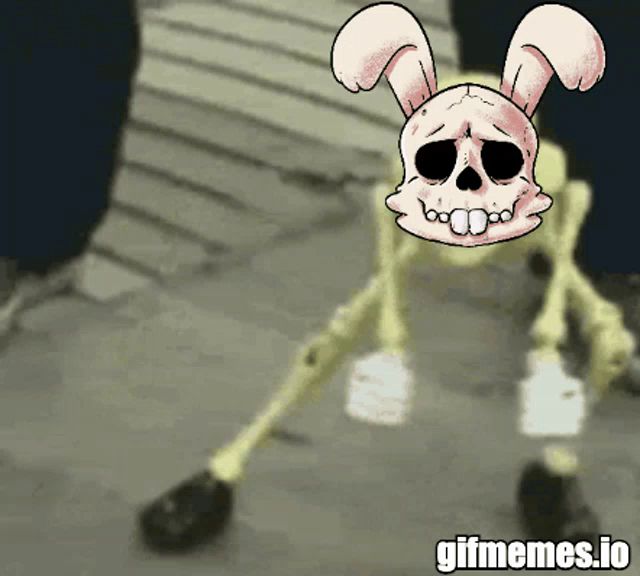 a cartoon drawing of a skeleton with bunny ears and a skull on it