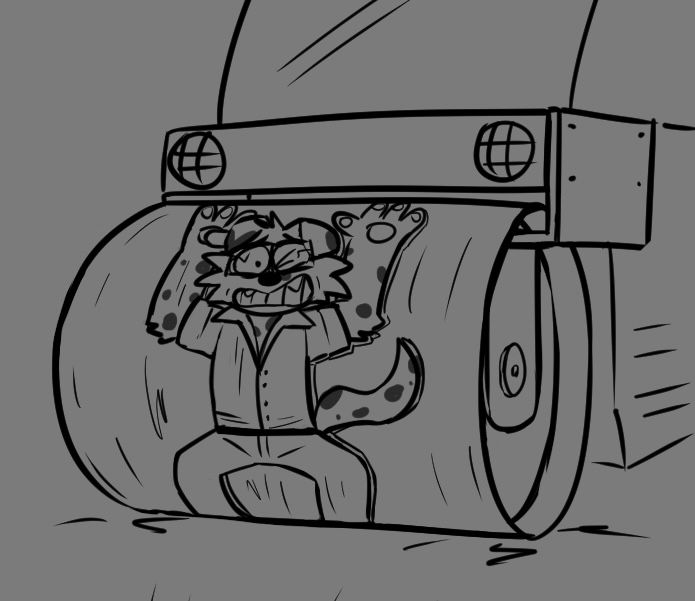 A toon Dalmatian stuck underneath the front roller of a steam roller. 