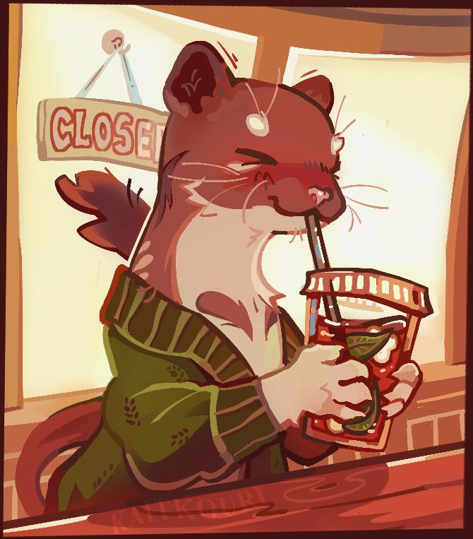 A drawing of a Stoat/Ermine original character. Its fur is brown/white, and it is wearing a knit coat. It's taking a sip of an iced beverage through a straw while sitting in a cafe. The color palette consists of yellow, orange, green, and brown.