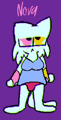 A drawing of Nova, the other half of my sona, Blip. She's white, has Pink and Yellow eyes, is wearing a grey tanktop with hot-pink bakini, and is wearing long-sleeve gloves colored after her eyes