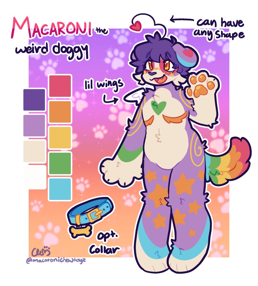 Reference image for Macaroni. They are a mainly purple dog with rainbow markings, small wings, and an antenna on their head. 