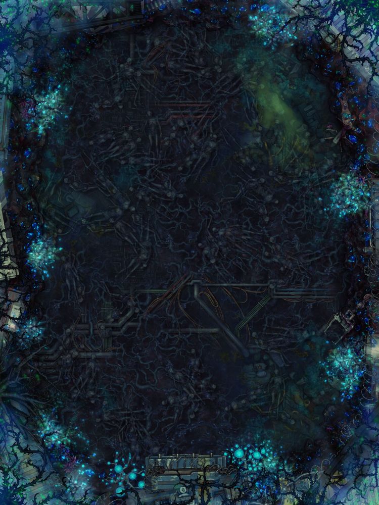 VTT map depicting an open space between dilapidated cargo containers on a junkyard. The ground is littered with pipes, wires, junk, waste, vines and bodies, but at the edge a few fey plants still grow. 

KoЯn inhabits the industrial wastelands of urban areas. Their lair is dark, dirty and diseased, a protest against sterile temples to cleanliness and godliness that brush away the dirt and scrub away the filth. Yet there are splashes of Fey light and other realm growths, speaking of a hidden beauty.  It stinks like a pubescent boy's bedroom and has even more bodily fluids floating around. It is also littered with the corpses of any of the soft rock and pop bards that KoЯn has sacrificed to the sanctity of Nu Metal. 