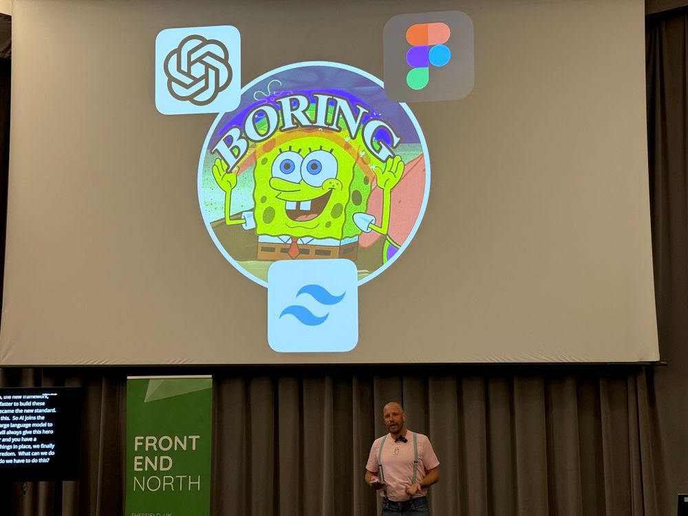 Nils presenting a slide with a SpongeBob meme showing the text ‘Boring’, surrounded by the logos for Figma, Tailwind and ChatGPT