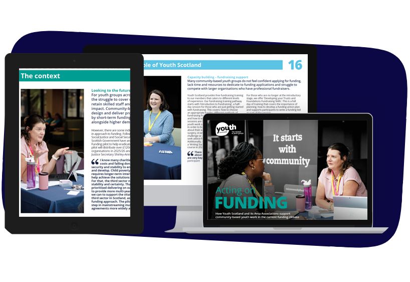 A selection of screened devices show pages from the report, Acting on Funding