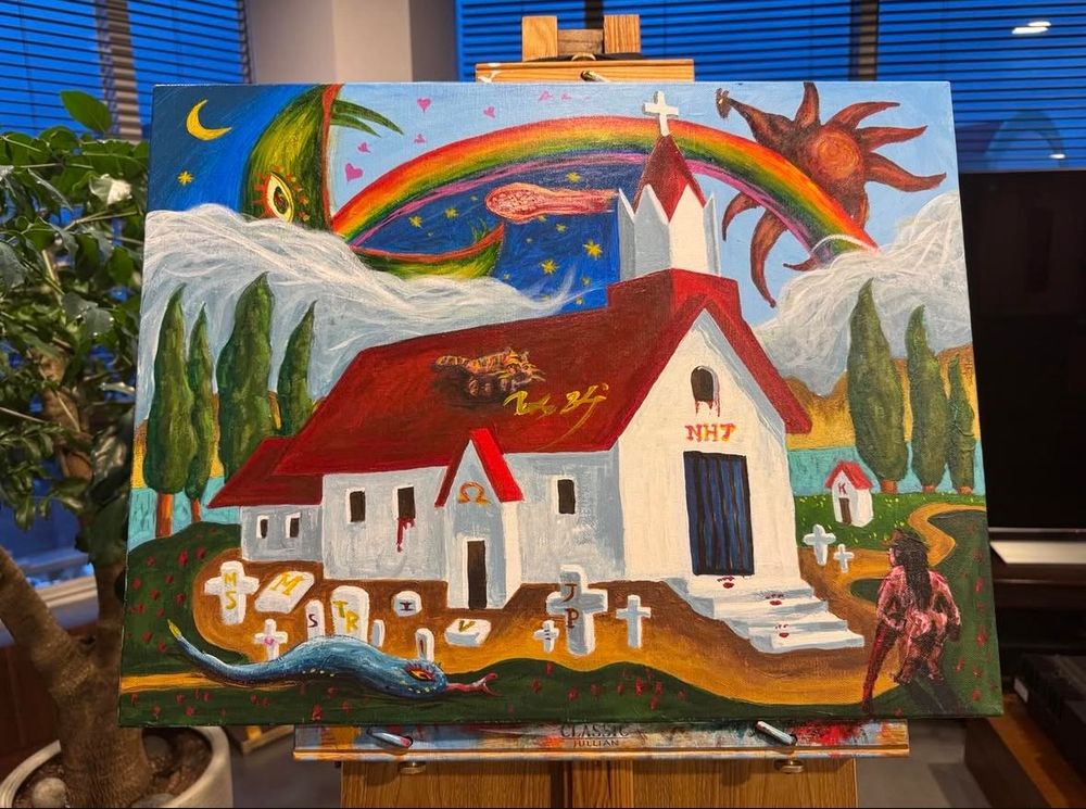Peinture d’une église avec le signe oméga et les initiales NHJ, et des créatures et un arc en ciel.