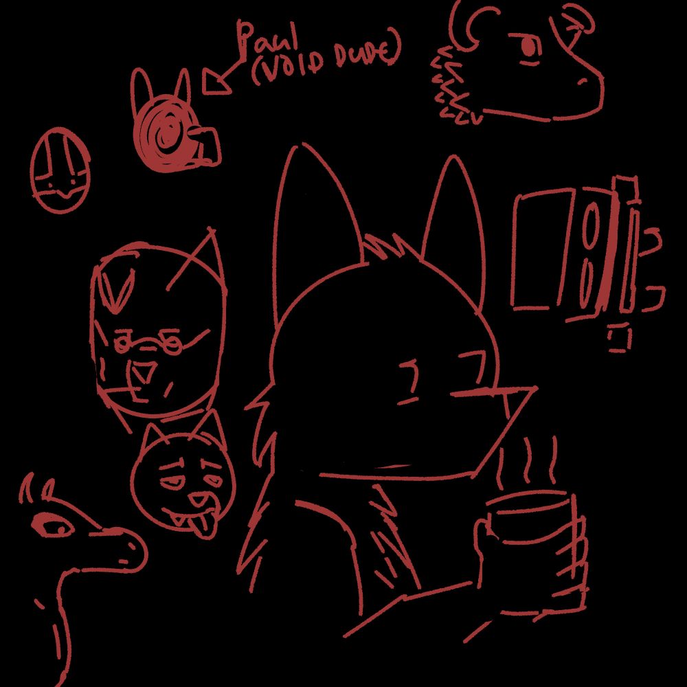 black and red sketch drawing of a bunch of anthropomorphic characters.