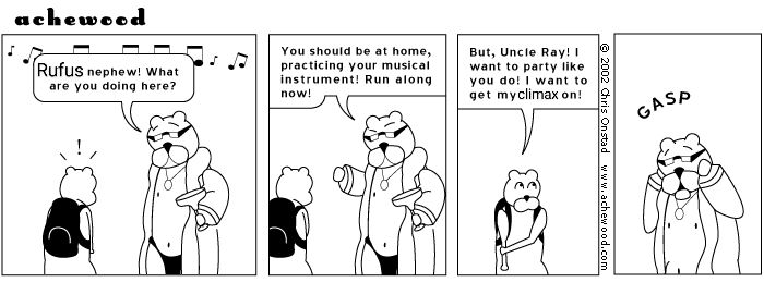 achewood comic about little nephew wanting to get his Bone on but edited to be about rufus nephew wanting to get his climax on