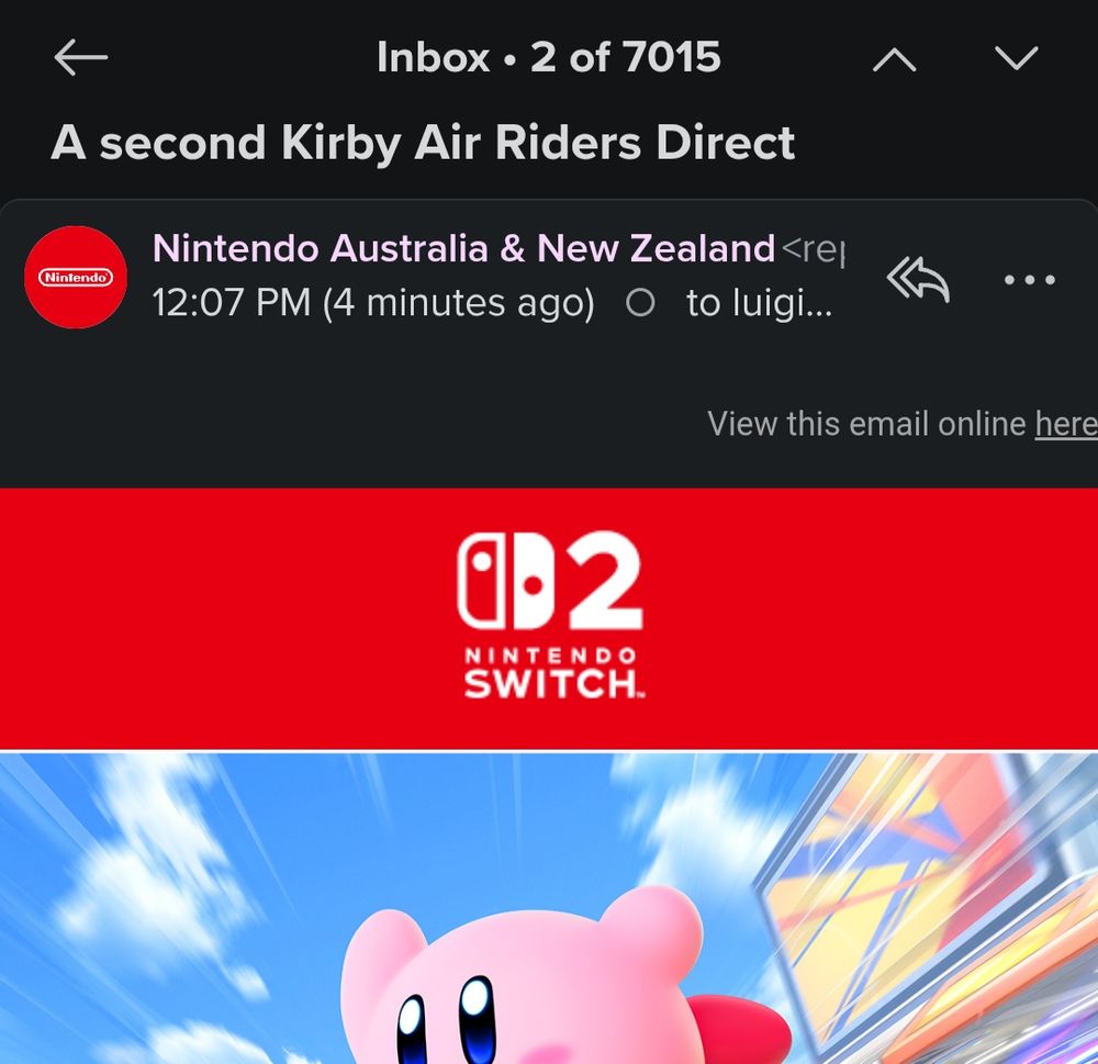 marketing email from nintendo about a second kirby air riders "direct" 