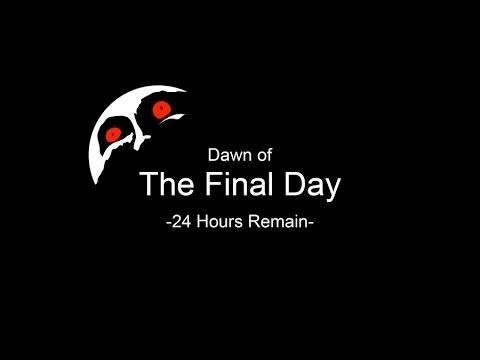 A picture of the moon from majoras mask with the words "dawn of the final day. 24 hours remain"
