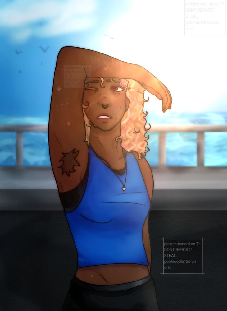 A drawing of a young woman with blonde and pink hair winded after a good run, wearing a blue tanktop with the sun shinning on her face and the ocean behind her