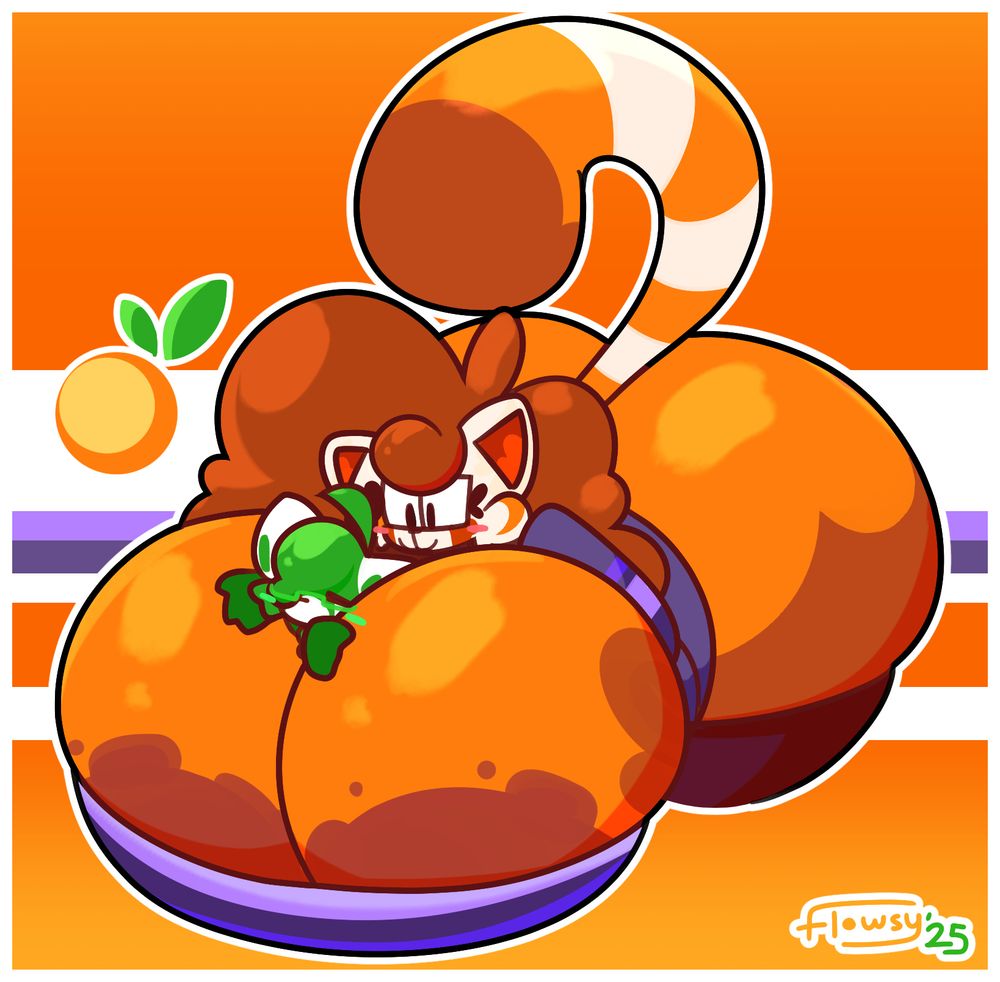@manicOrange's red panda fursona with OP's red panda fursona, with the latter being wedged into the former's massive breasts.