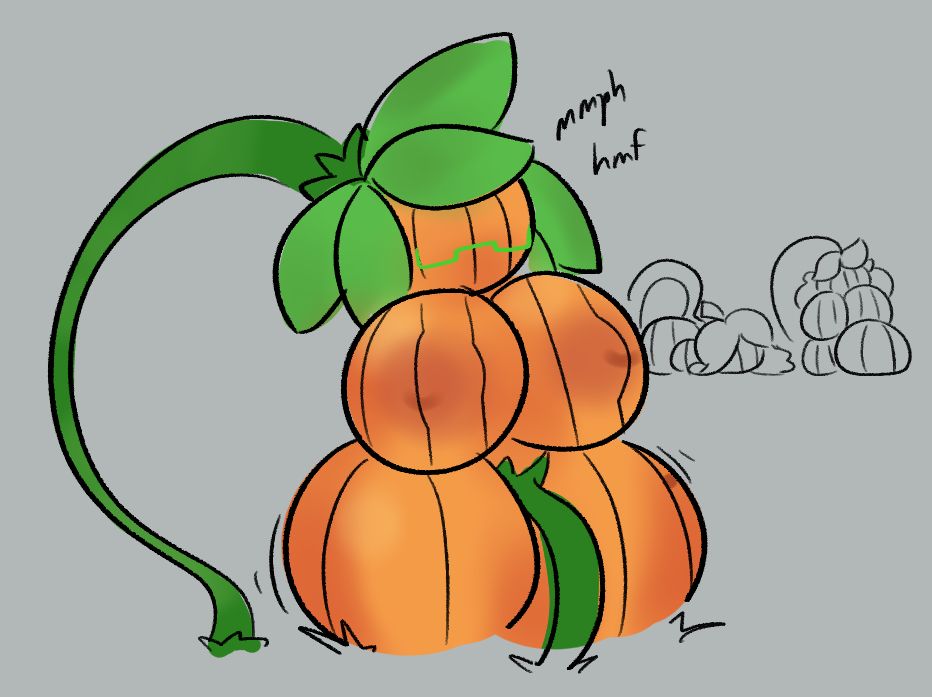 post-transformation sketch of the author's sona being transformed into a voluptuous inanimate pumpkin with two ground stems connecting their head and their crotch. two other victims are facing the same fate in the background 