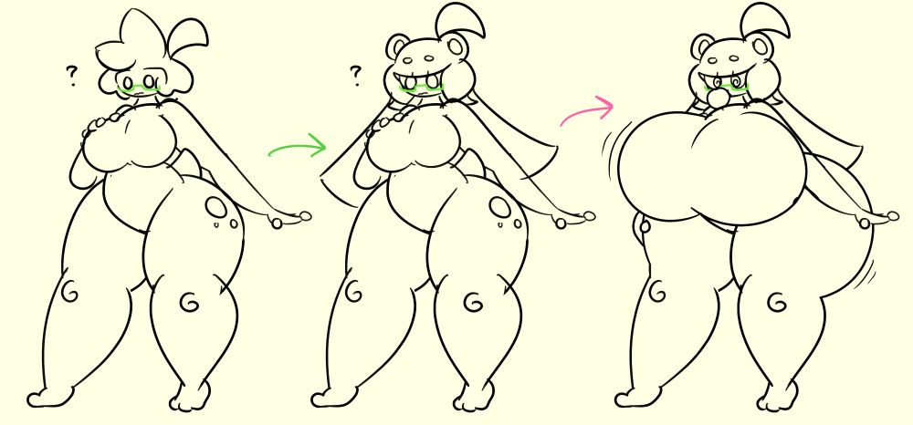 selfsona wearing a costume of OP's frog character, permanently transforming them into that character and hypnotizing them into blowing a bubblegum bubble, expanding their butt and breasts