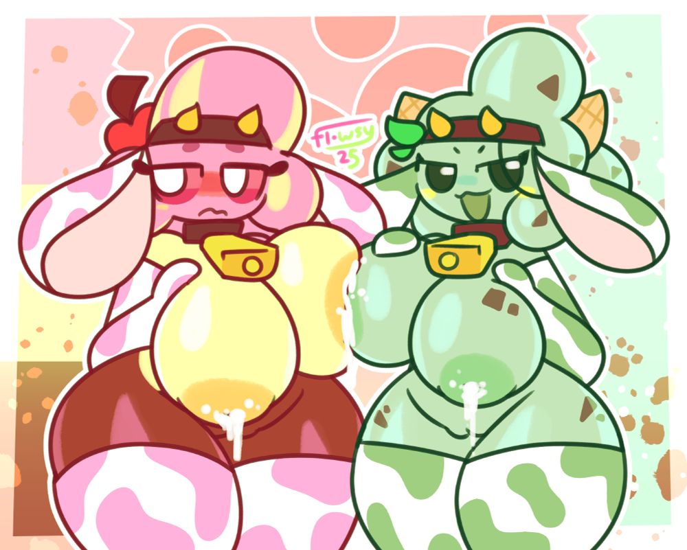 Two ice cream girls, one Neapolitan (OP's Vera) and one mint-chip (@sleepysous's Ivy) in nude cowprint outfits including cow ears, horns and a cowbell. The former is visibly flustered while the latter is more committed to the bit. Both girls are lactating white milk from their bigger-than-average breasts, all while they kiss areolae with their breast nearest to each other, squeezing and spilling out milk. from both 