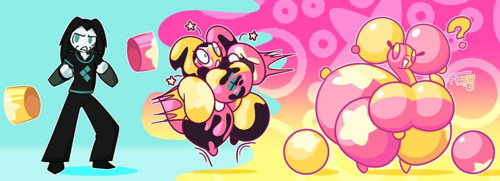 @frostlock.bsky.social's sona being impacte by two colorful cannonballs, one pink and one yellow, immediately turning into a living toy dragonbabe with no trace of their previous form.