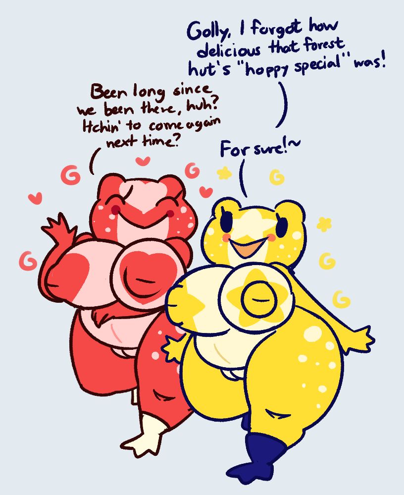 Ripple and Pop (celinsfw) post-tf after being transformed into curvy shortstack frogs, both retaining their original color palette and patterns albeit being hypnotized and unaware that they're even frogs.

Pop: "Golly, I forgot how delicious that forest hut's "hoppy special" was!
Ripple: Been long since we been there, huh? Itchin' to come again next time?
Pop: For sure!~