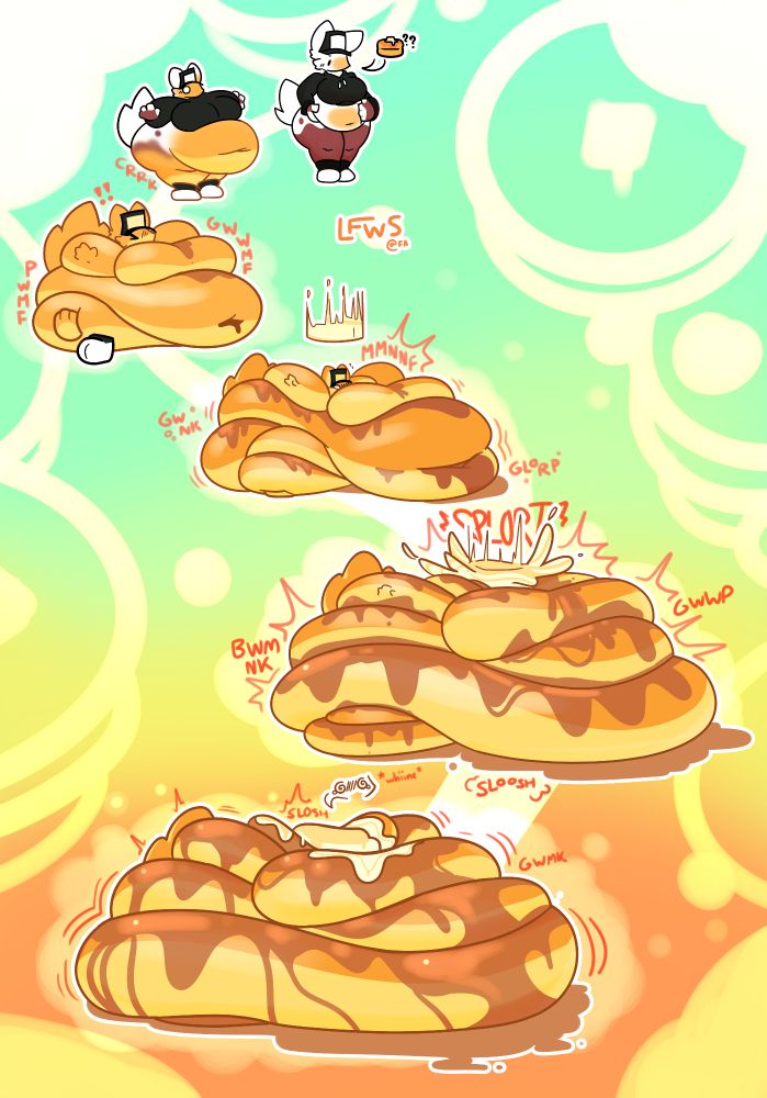 6-panel transformation sequence of @bebobeblue turning into a stack of puffy pancakes in the form of weight gain, giving her a golden pancake color with syrup sloppily running out of her folds. During the last three sequences a giant slab of butter falls on top of her engulfed head, effectively sealing her fate as an immobile pile of pancakes...