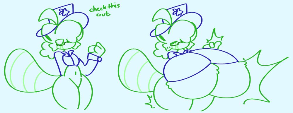 (green) red panda sona showing a magic trick that makes their body gain huge breasts bigger than their torso