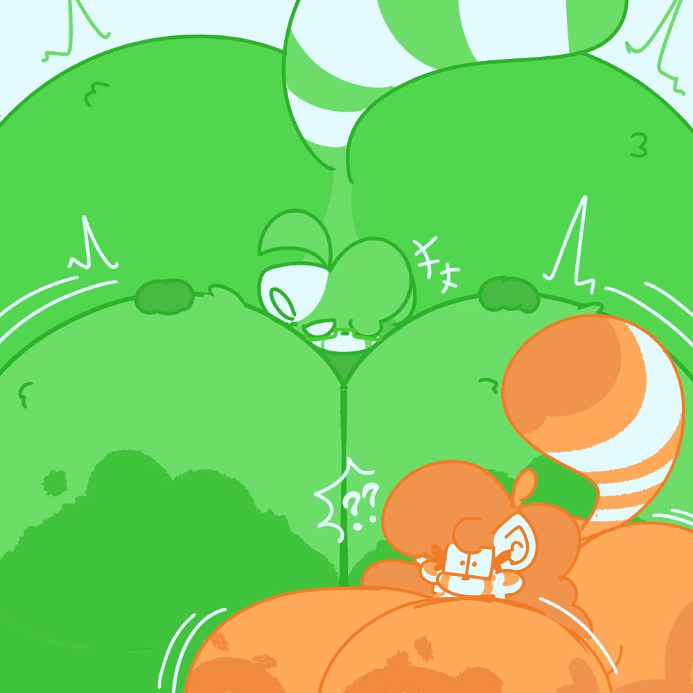 Two red panda fursonas (OP and @manicorange.bsky.social) with massive proportions on the chest and ass, one with orange fur and the other with green. The latter is much more well-endowed and massive than the former