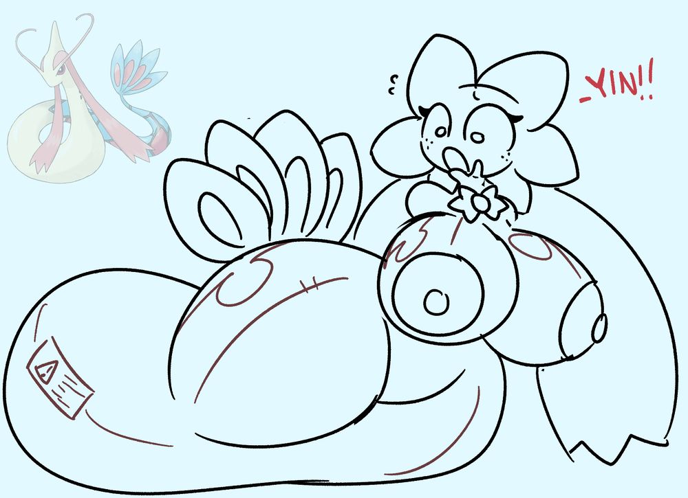 OP's flower character, Adelie, getting transformed into a rubbery Milotic pooltoy from the bottom up.