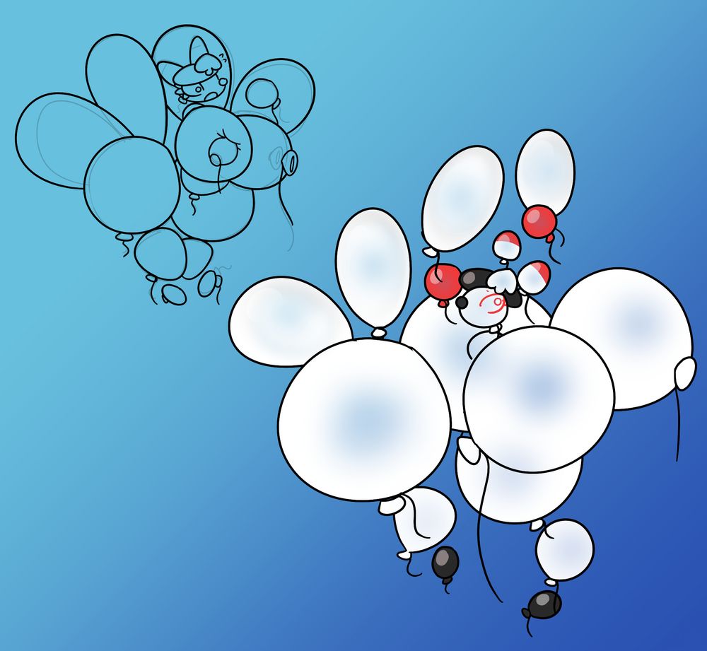 Miss Noir from VIVIDLOPE inflating and turning into a collection of multicolored balloons.