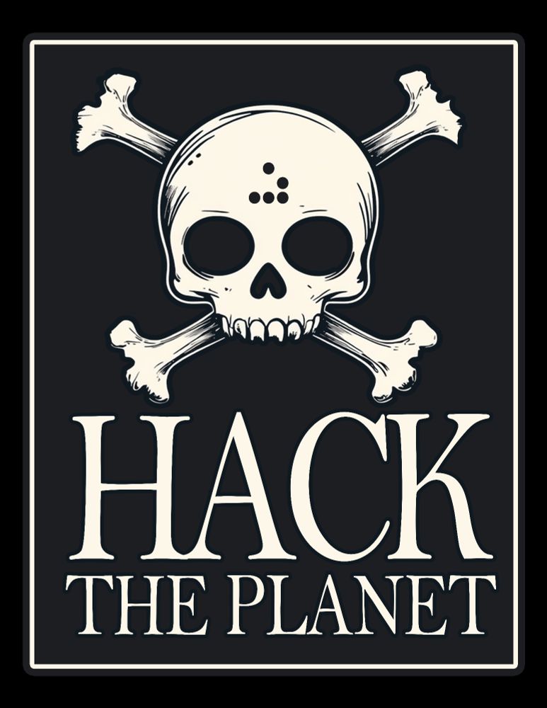 A design featuring a jolly roger type skull with the glider symbol on its forehead. it says hack the planet