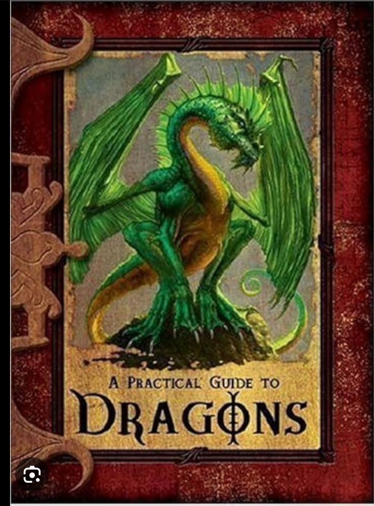 "A practical guide to dragons" by Lisa Trumbauer depicting a red book with a green dragon on the cover