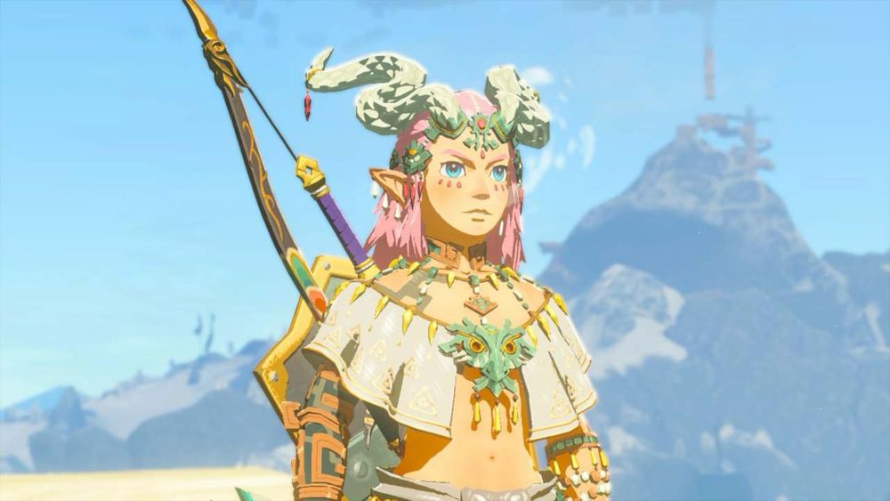 A screenshot of a Link from legend of Zelda. Link is wearing the charged armor top, dyed white and the ember set helmet, dyed pink. 