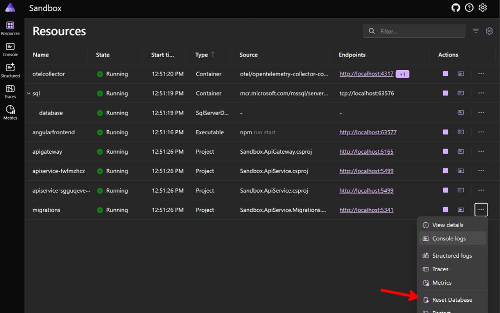 The menu option of the database migrations project shows a "Reset Database" command.