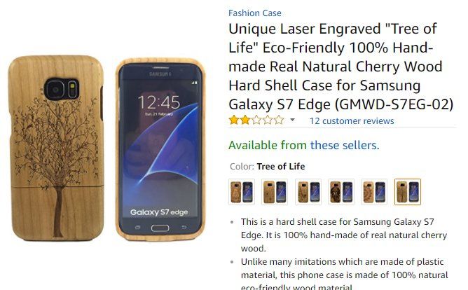 Product listing for "Unique Laser Engraved 'Tree of Life' Eco-Friendly 100% Hand-made Real Natural Cherry Wood Hard Shell Case for Samsung Galaxy S7 Edge (GMWD-S7EG-02)"