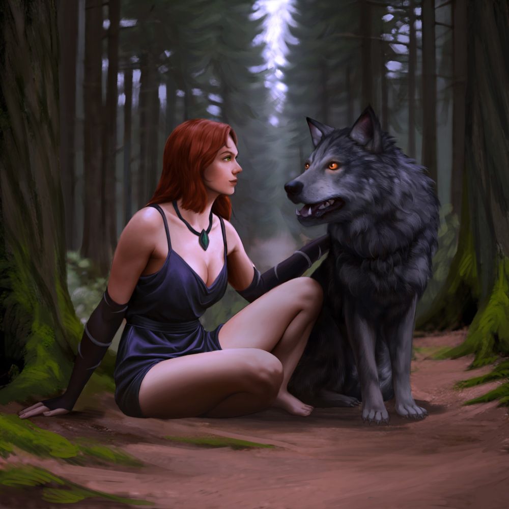 Redhead witch with a wolf in a forest