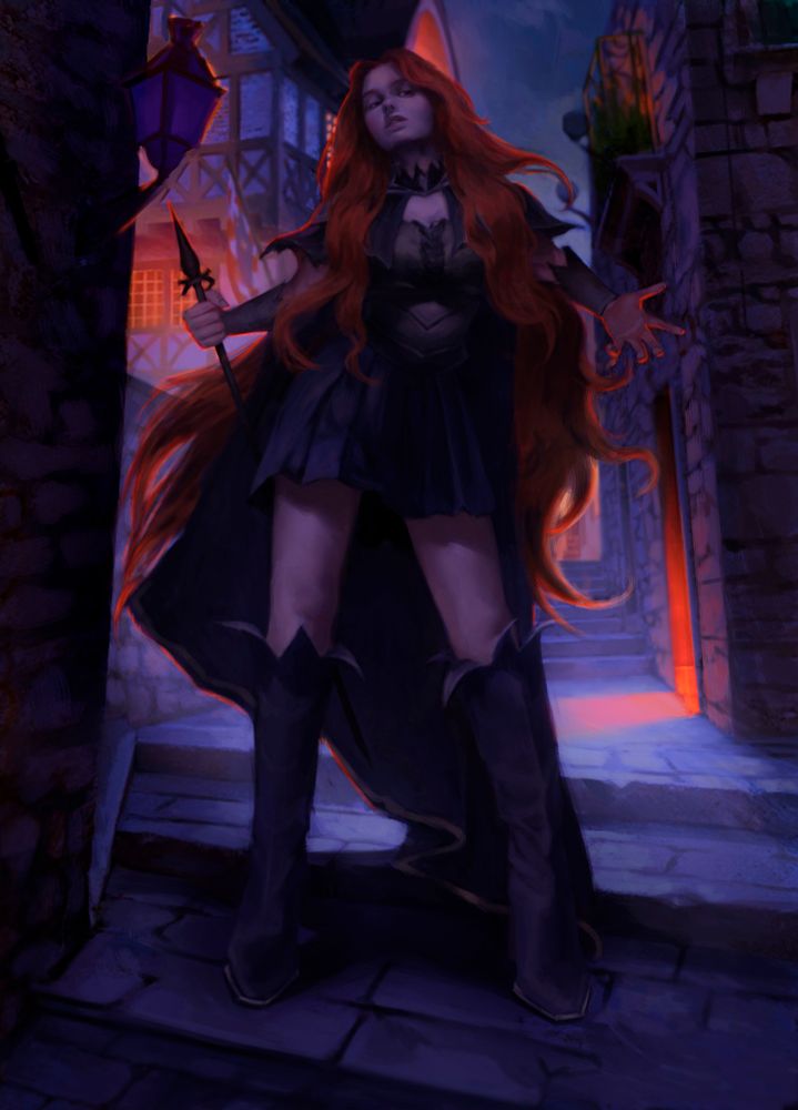 Redhead witch in a medieval town 