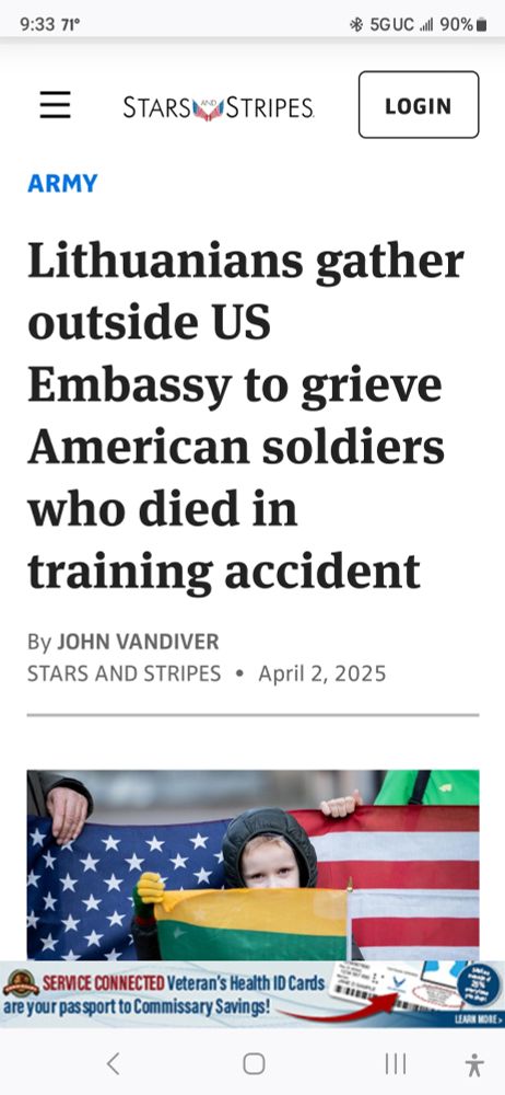 Article from the Stars and stripes. Headline reads "lithuanians gather outside US embassy to grieve American soldiers who died in training accident. "