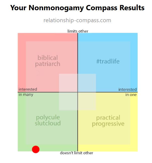 A polyamory 2-axis compass, with the axes being "interested in one/many"  and "does/doesn't" limit other. My rating is about 100% doesn't limit other, and about 75% interested in many, putting me deep in the "polycule slutcloud" quadrant"