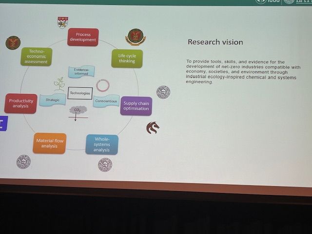 A slide that describes Stephen's research vision: To provide tools, skills and evidence of net zero industries compatible with the economy, societies and environment, through industrial ecology-inspired chemical and systems engineering.