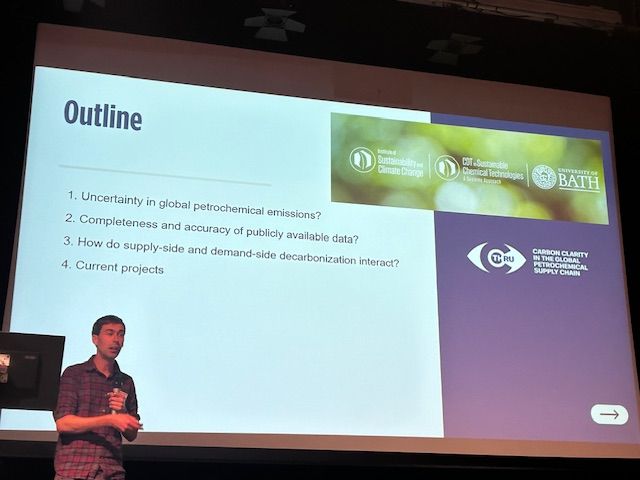 A slide describing the outline of for Dr Rick Lupton's presentation: 1. Uncertainty in global petrochemical emissions? 2. Completeness and accuracy of publicly available data? 3. How do supply-side and demand-side decarbonisation interact? 4. Current projects.