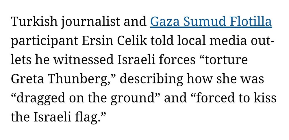 Text: Turkish journalist and Gaza Sumud Flotilla participant Ersin Celik told local media outlets he witnessed Israeli forces “torture Greta Thunberg,” describing how she was “dragged on the ground” and “forced to kiss the Israeli flag.”