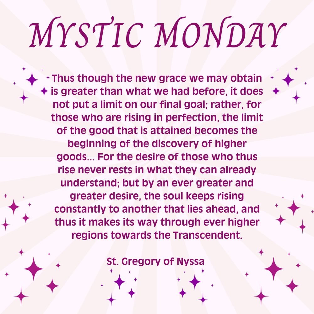 A pink and starry background with a quote from St Gregory of Nyssa about rising higher in perfection toward the Transcendent.