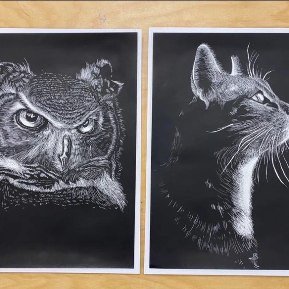 Two white-on-black line art pieces, one of an owl, one of a cat. 