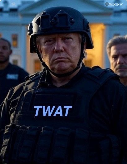 Same pic of Trump in full SWAT gear, but logo on his vest reads TWAT